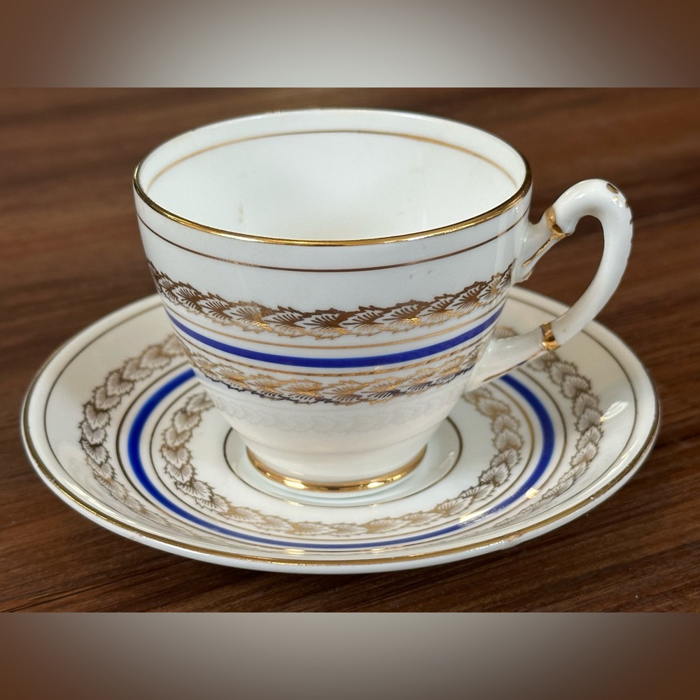 Vintage Fine Bone China Royal Stafford England Blue/Gold Trim Tea Cup & Saucer